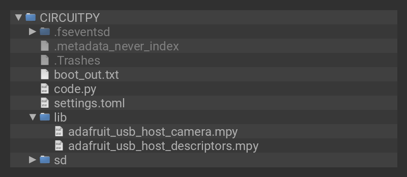 CIRCUITPY screenshot showing project code.py and adafruit_usb_host_camera library