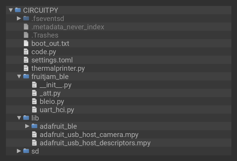CIRCUITPY screenshot showing project code.py and required libraries