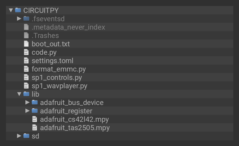 CIRCUITPY screenshot showing required project files and libraries